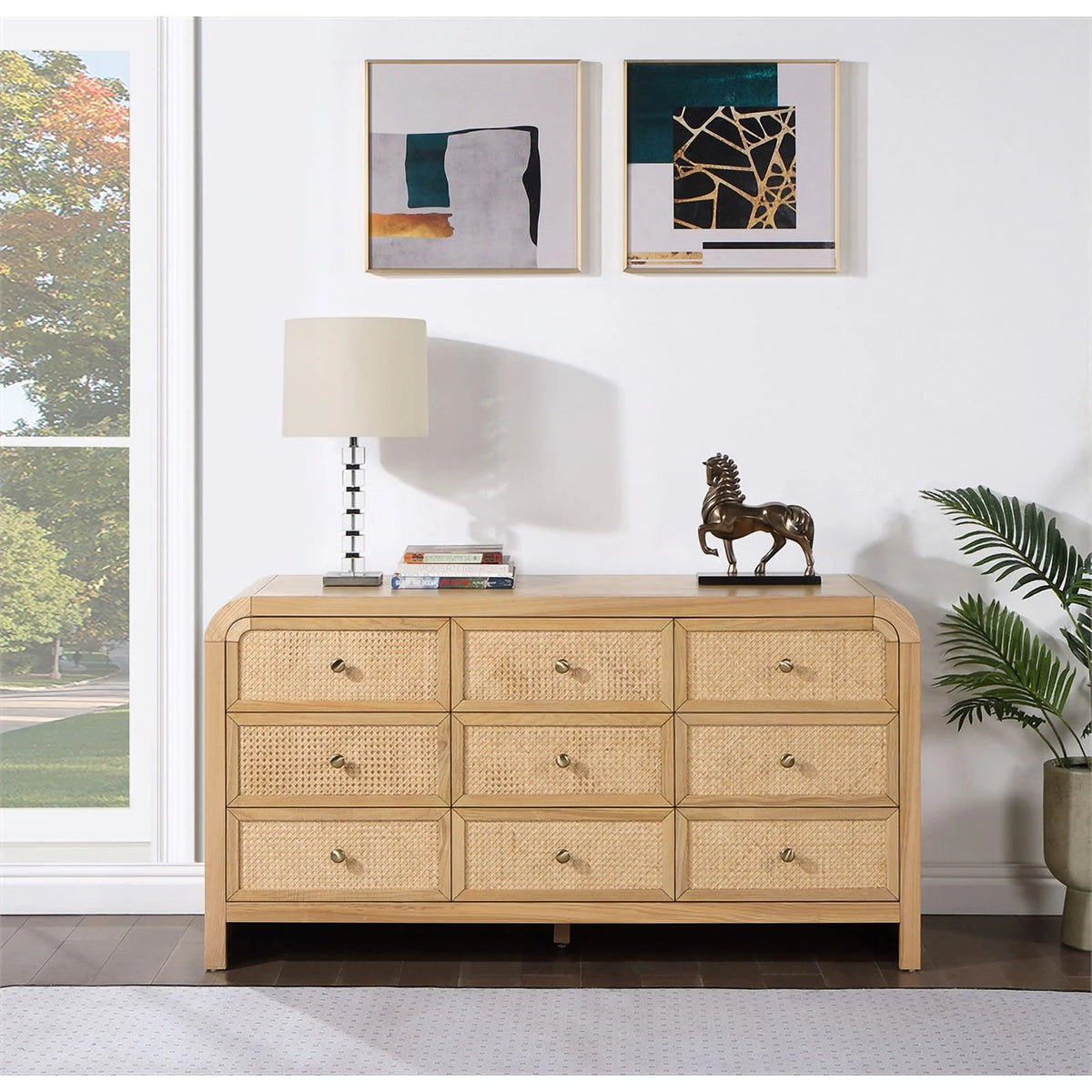 Brown 9-Drawer Rattan Wood Dresser R20521