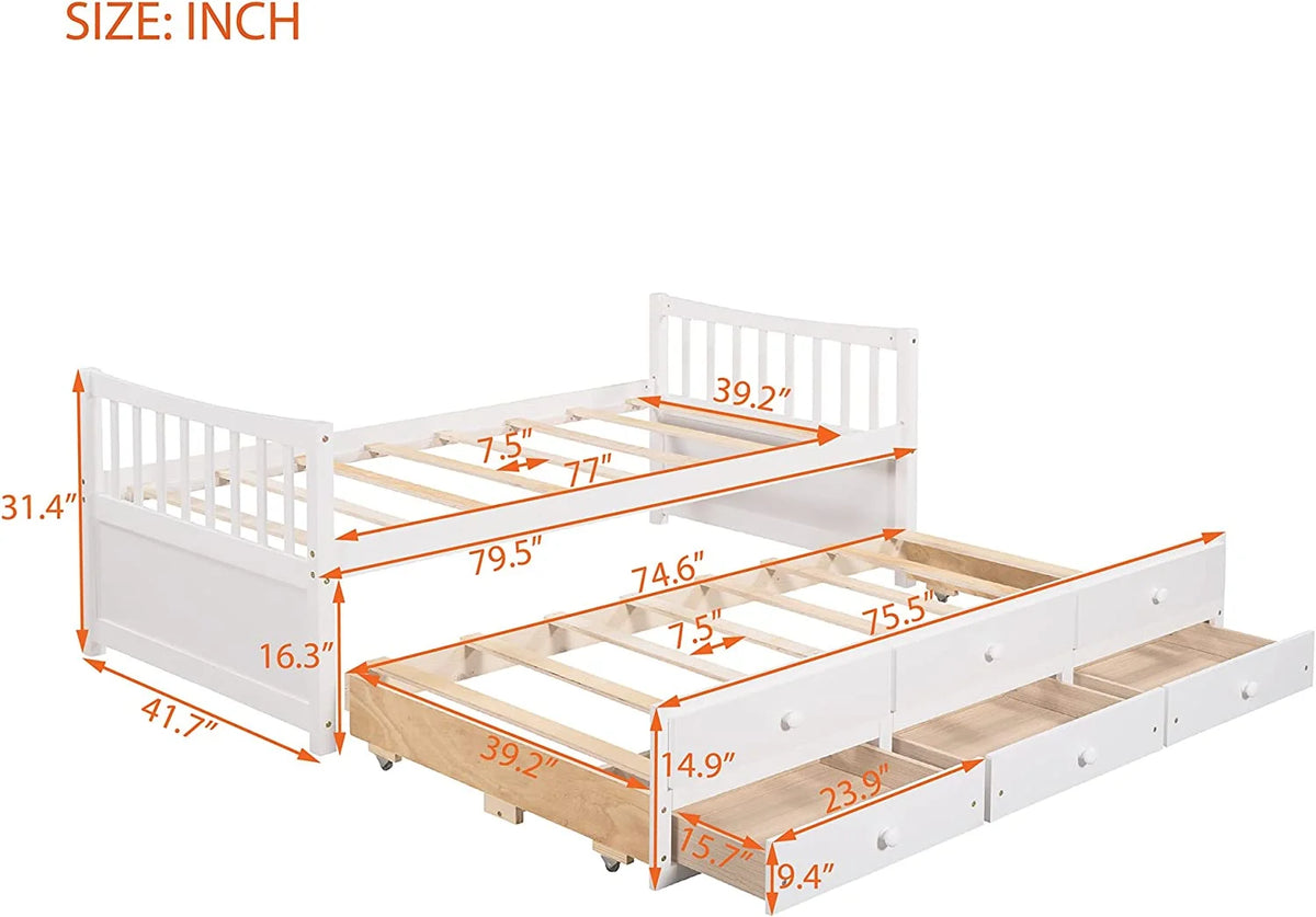 White Wood Daybed with Trundle and Drawers U3702