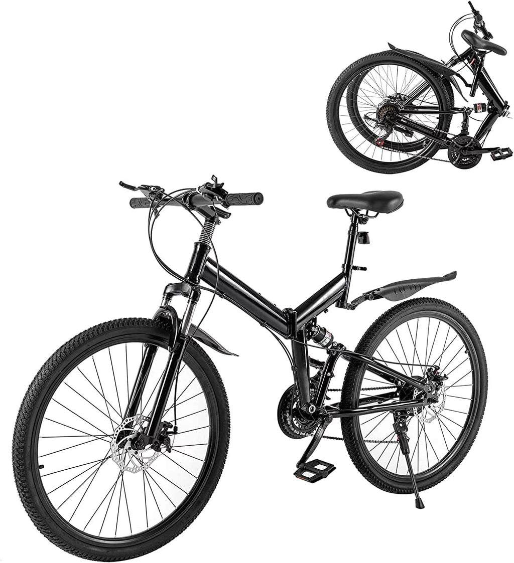 Folding Mountain Bike Full Suspension 21 Speed Black K606054
