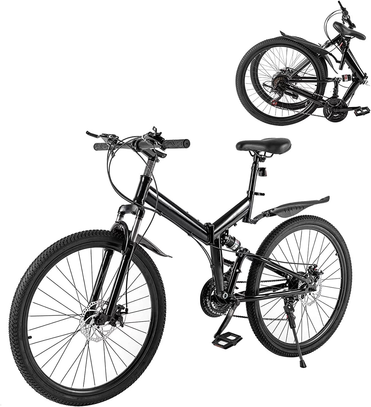 Folding Mountain Bike Full Suspension 21 Speed Black K606054