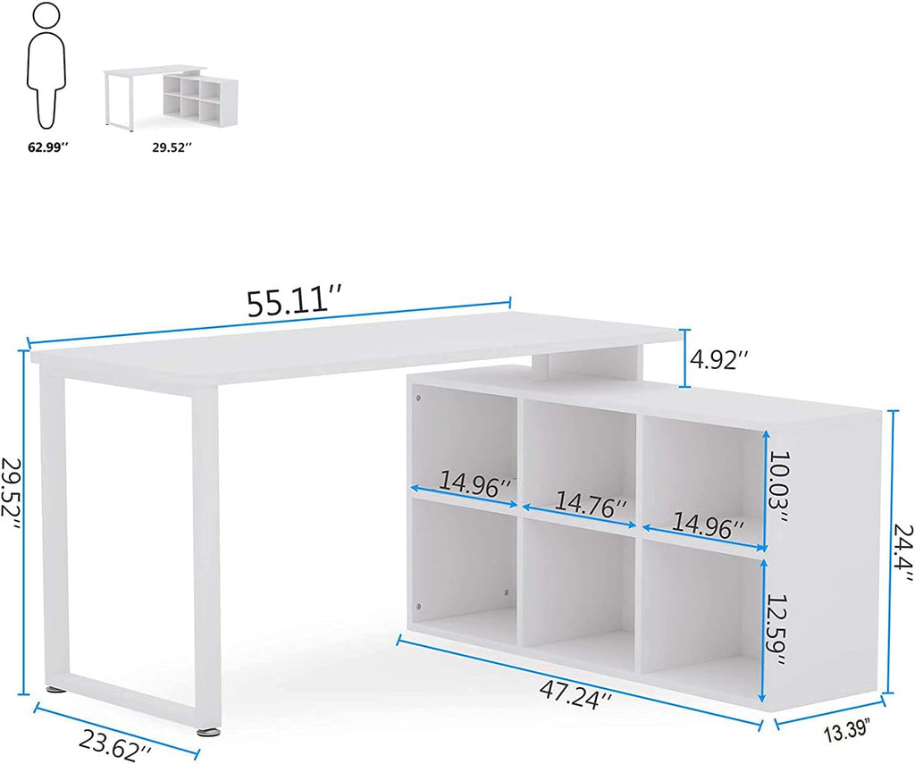 L-Shaped Computer Desk with Storage, 55 Inch Rotating Corner Office Desk O707