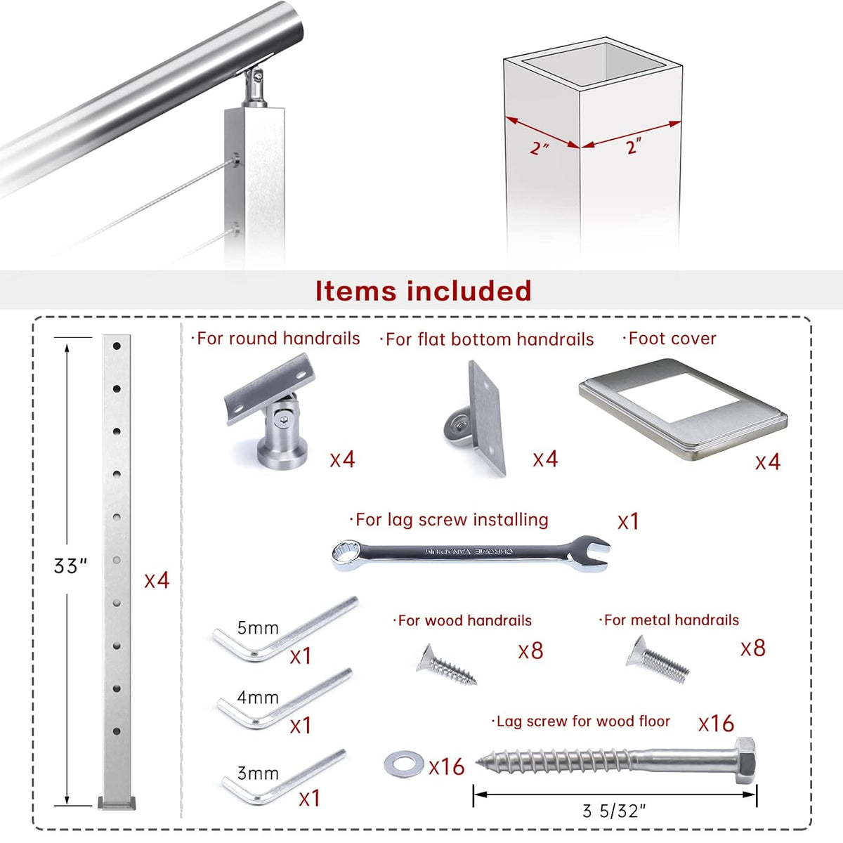 4 Pack Stainless Steel Cable Railing Post W9338