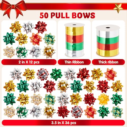 50 PCS Christmas Bows and Gift Ribbons with Curling Ribbons C68920