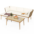 3 Pieces Rattan Woven L-Shaped Sofa with Cushions and Side Table J899457