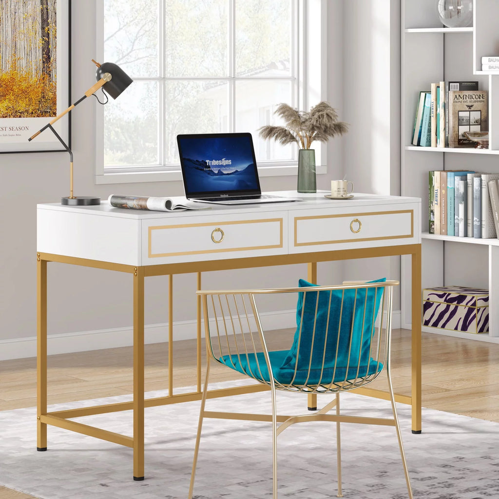43” White and Gold Computer Desk with 2 Drawers Q3473