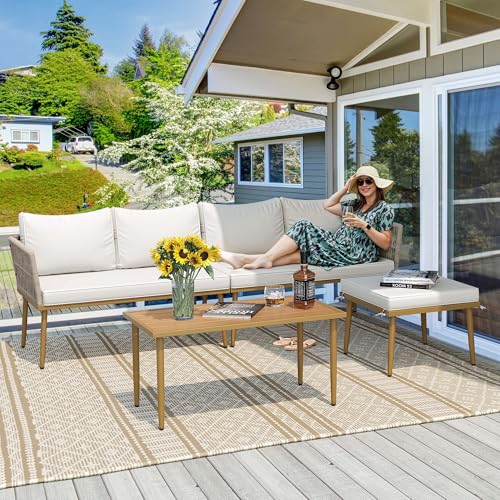 4 Pieces Grey Wicker Patio Furniture Set with Cushions A29926