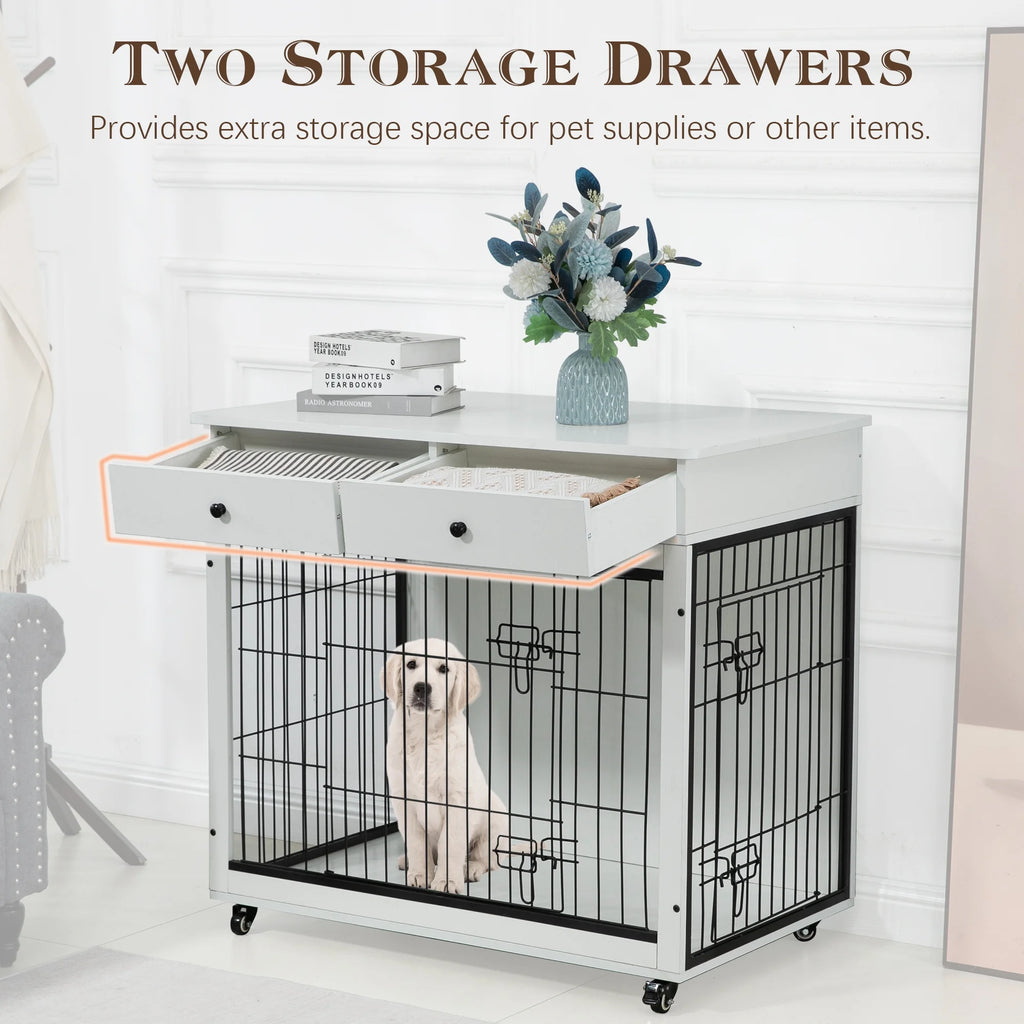 White Wooden Dog Crate Furniture with Drawer H159