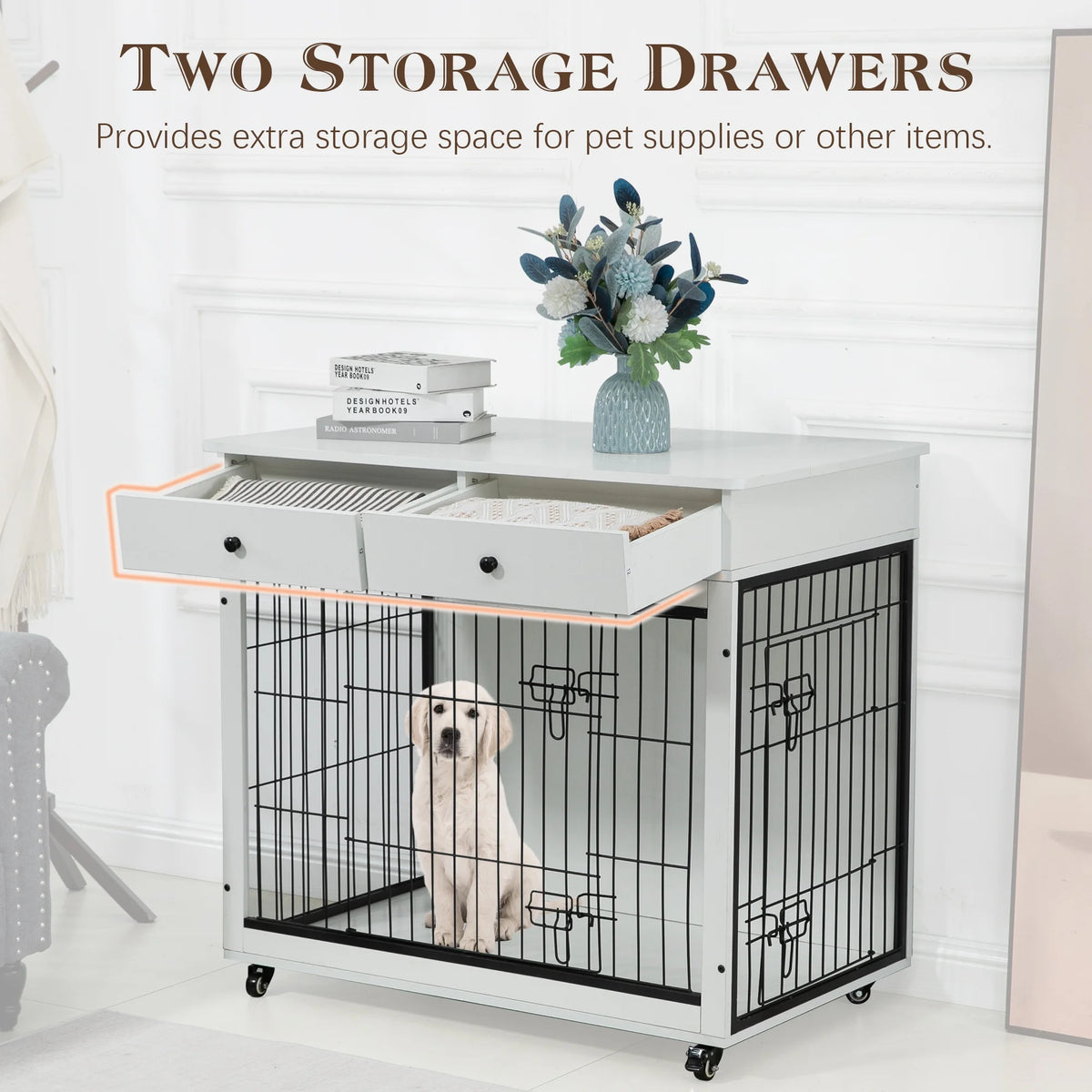 White Wooden Dog Crate Furniture with Drawer H159