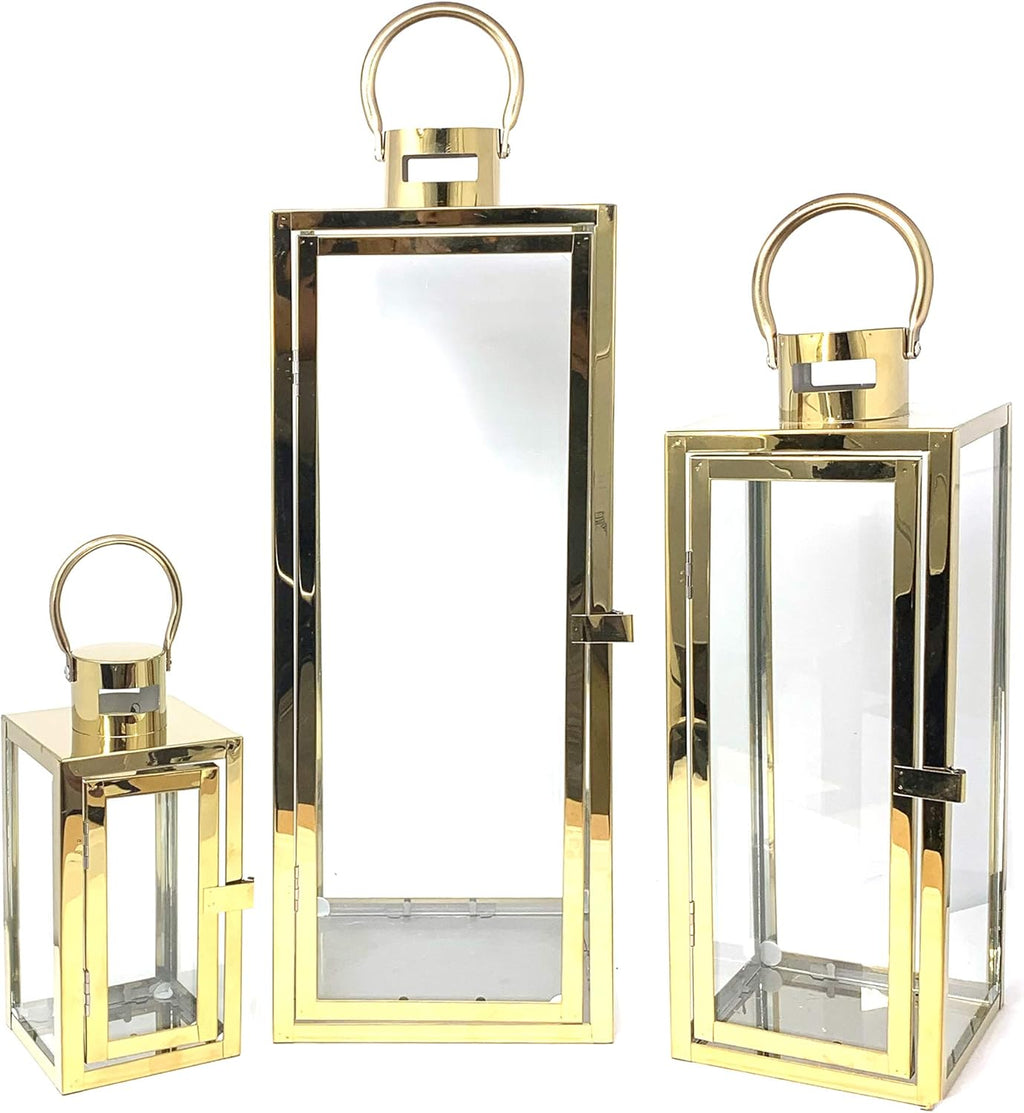 3-PC Set Jumbo Black Candle Lantern Set with Chrome Plated Structure and Tempered Glass H694