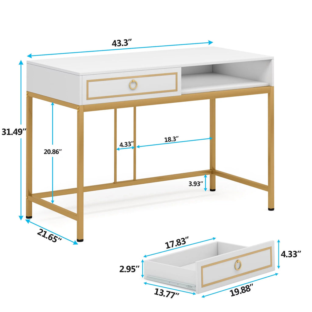 43” White and Gold Computer Desk with 2 Drawers Q3473