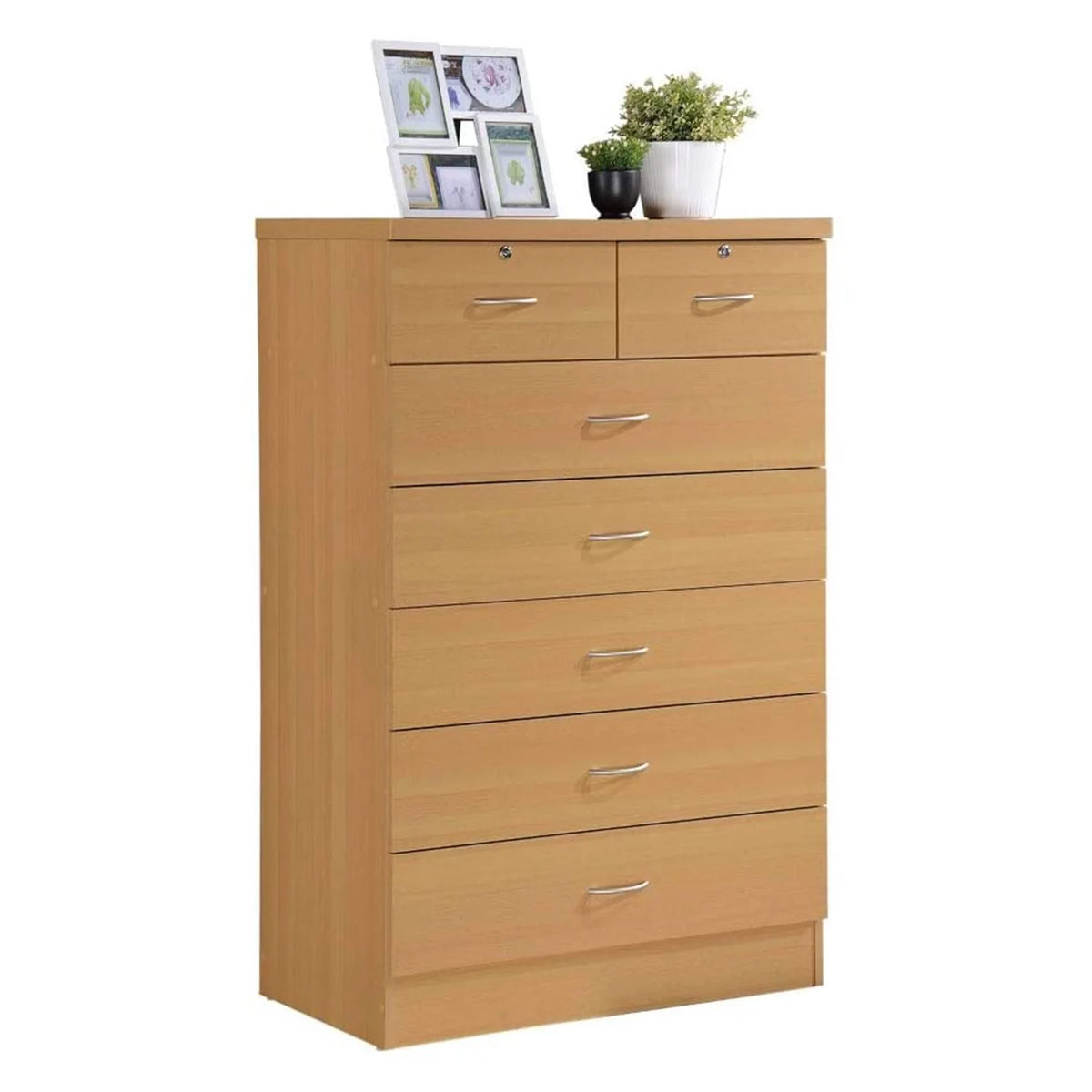 7 Drawer Wooden Dresser Chest with 2 Top Locks, Cherry E98814