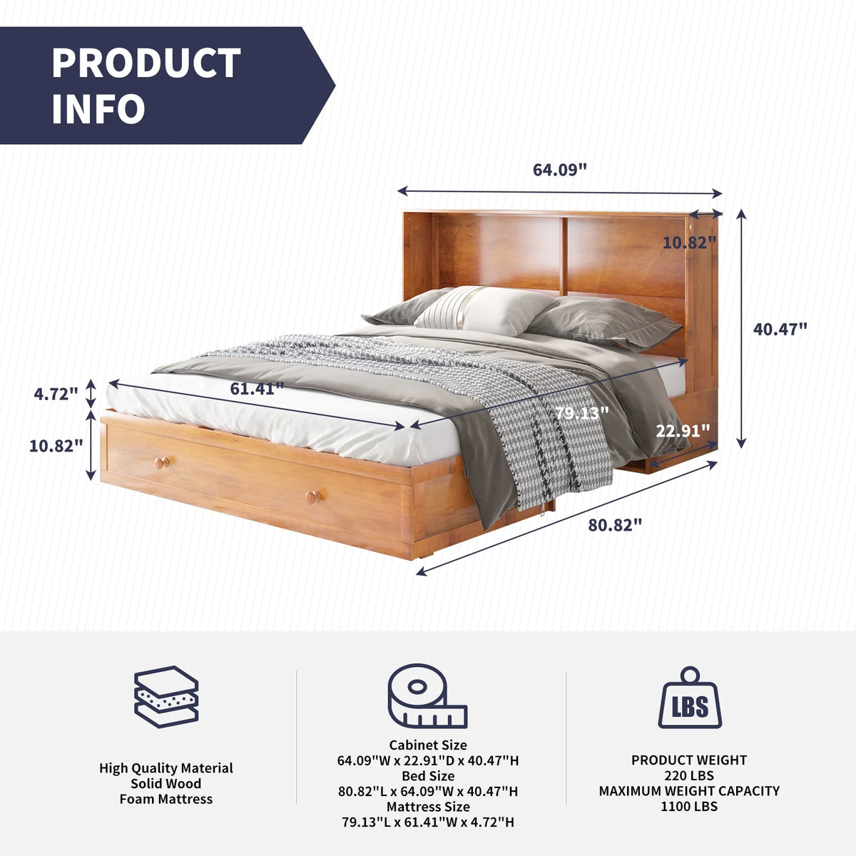 Murphy Bed with Trifold Foam Mattress and USB Charging Station F4175