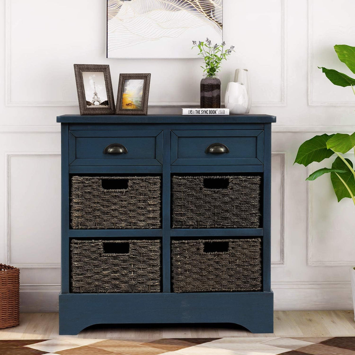 White Storage Cabinet with 2 Drawers and 4 Fabric Baskets N925