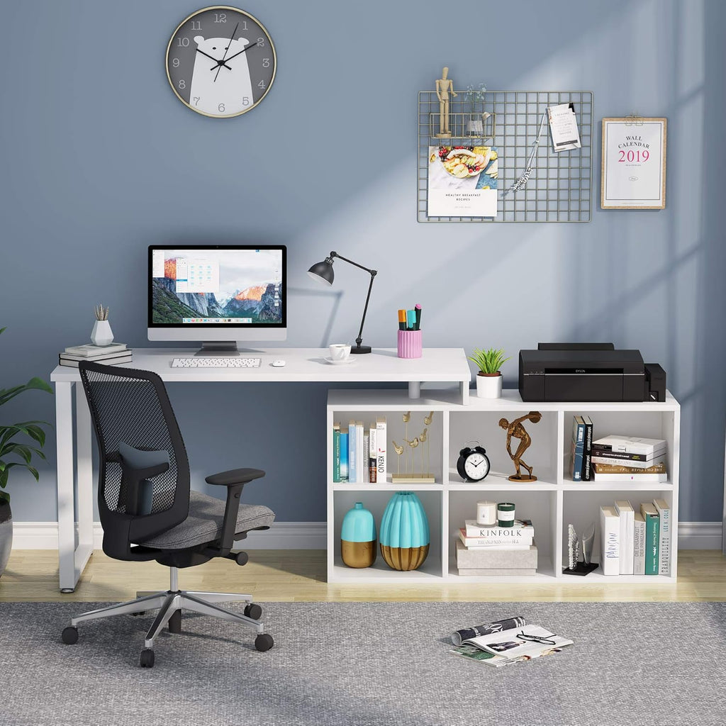 L-Shaped Computer Desk with Storage, 55 Inch Rotating Corner Office Desk O707