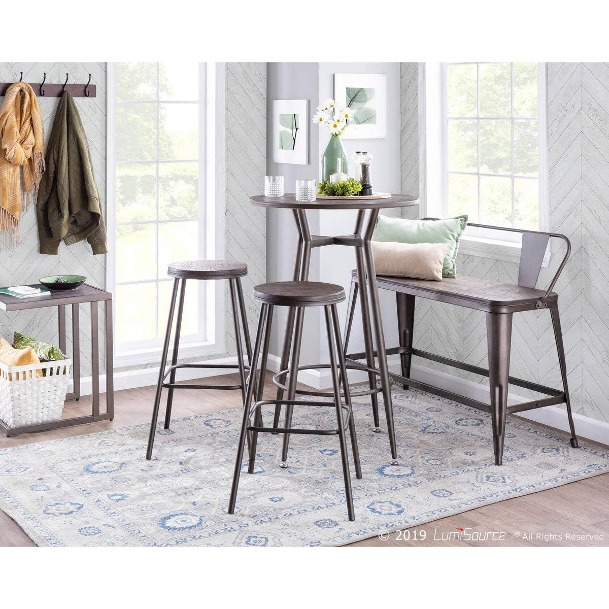 Industrial Round Bar Stool Set of 2 Vintage White Espresso I8554