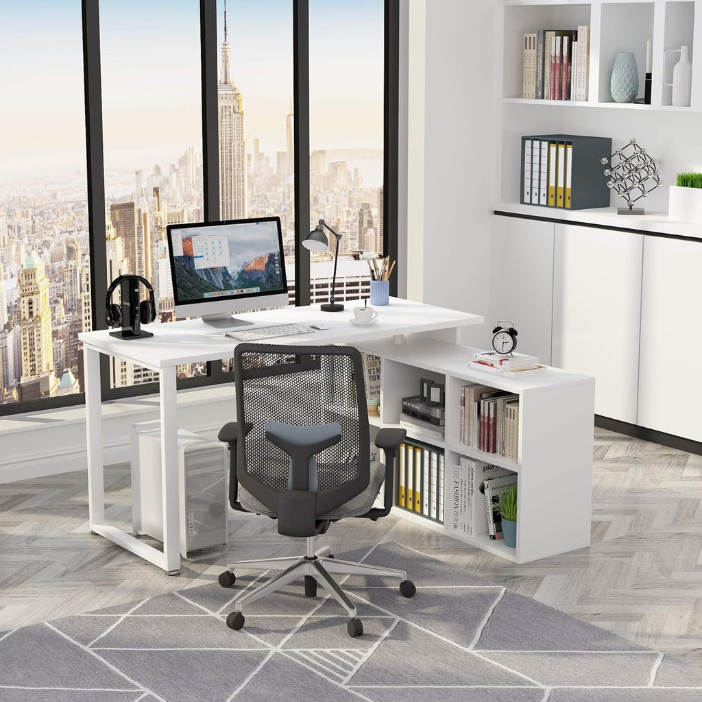 L-Shaped Computer Desk with Storage, 55 Inch Rotating Corner Office Desk O707