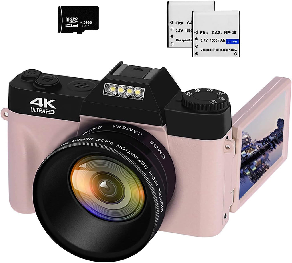 4K Digital Camera 48MP 16X Zoom Flip Screen Autofocus Pink O91026