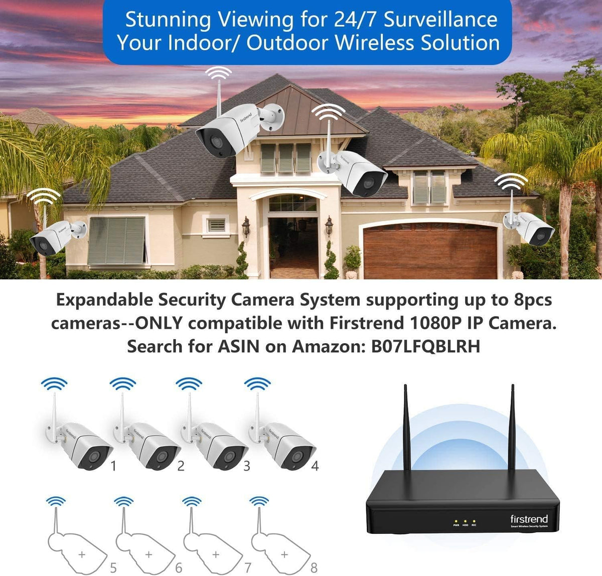 Wireless 1080P 8CH Security Camera System with 4pcs 2MP Cameras 1TB HDD Night Vision M6725