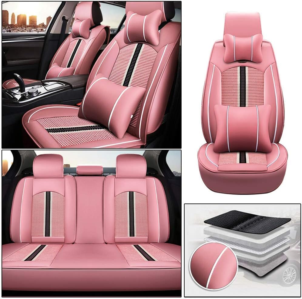 Custom Car Seat Cover Full Set Needlework PU Leather Black White R7052