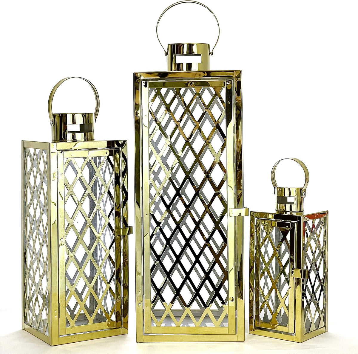 3-PC Set Jumbo Black Candle Lantern Set with Chrome Plated Structure and Tempered Glass H694