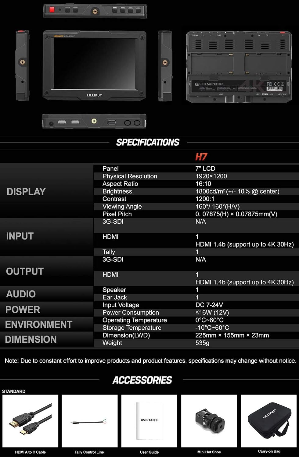 4K 7 Field Monitor 1800nit HDMI IPS HDR On-Camera Monitor S43663