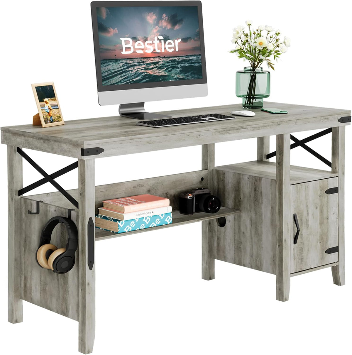 L-Shaped Computer Desk with Storage Cabinet and Bookshelf J953947