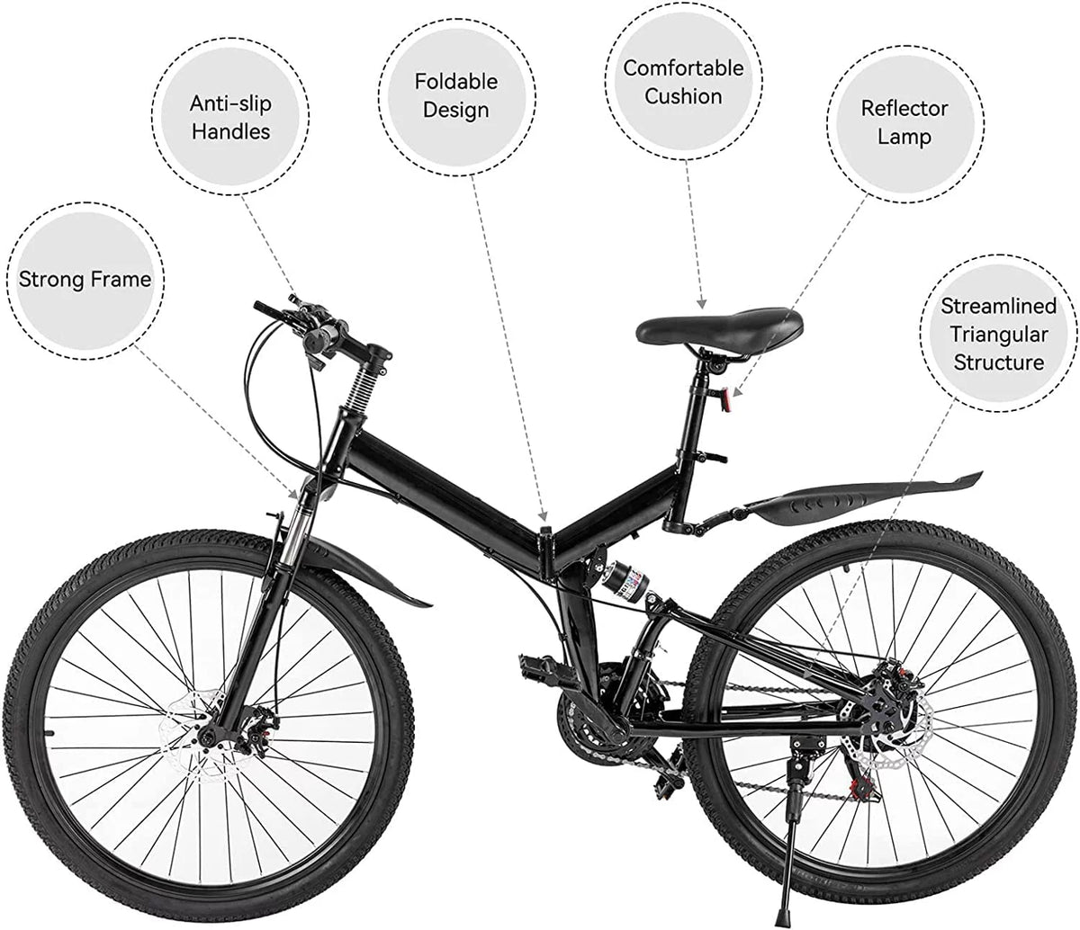 Folding Mountain Bike Full Suspension 21 Speed Black K606054