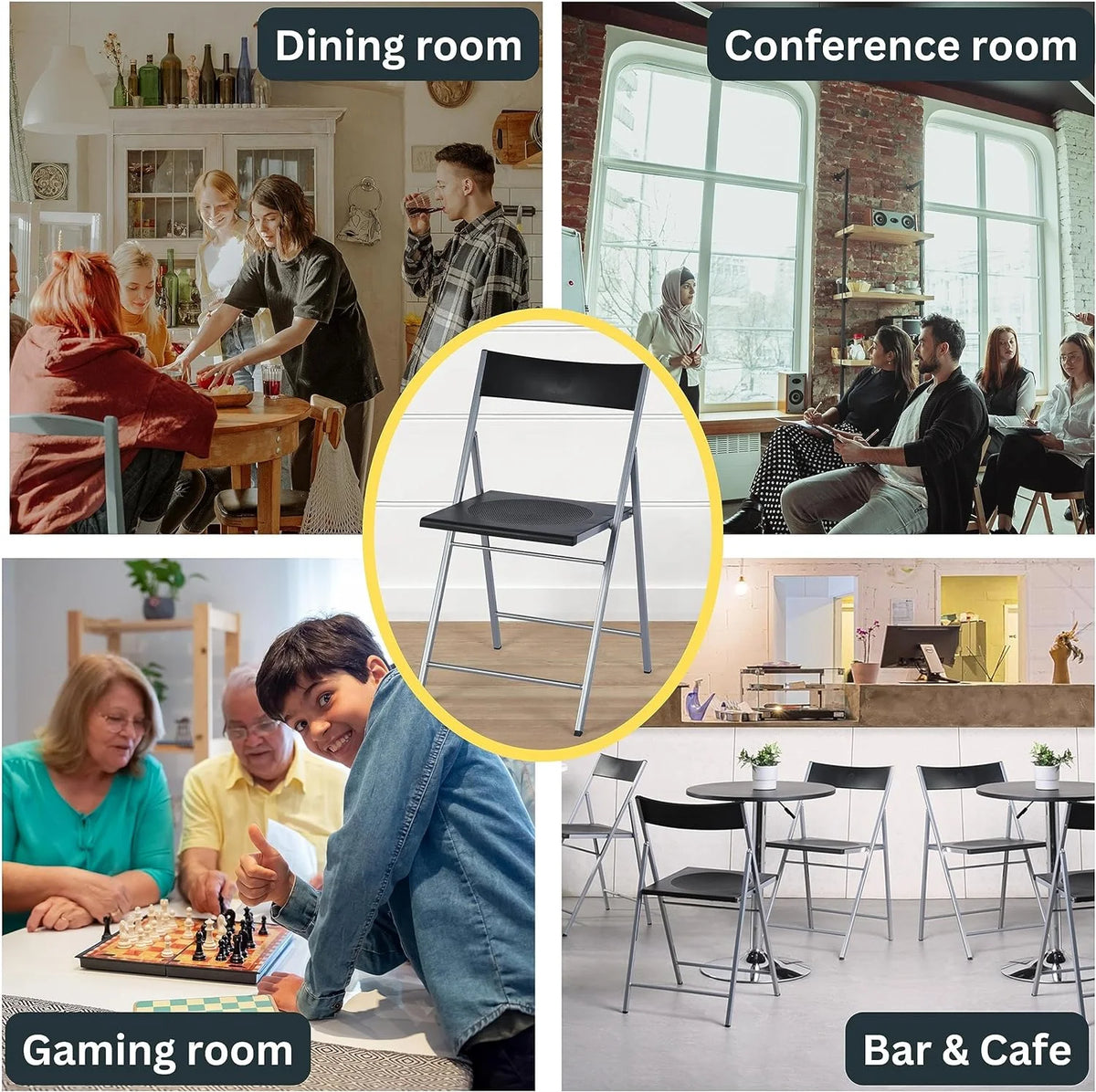 Black Set Of 6 Folding Chair Plastic Seat Steel Frame H992