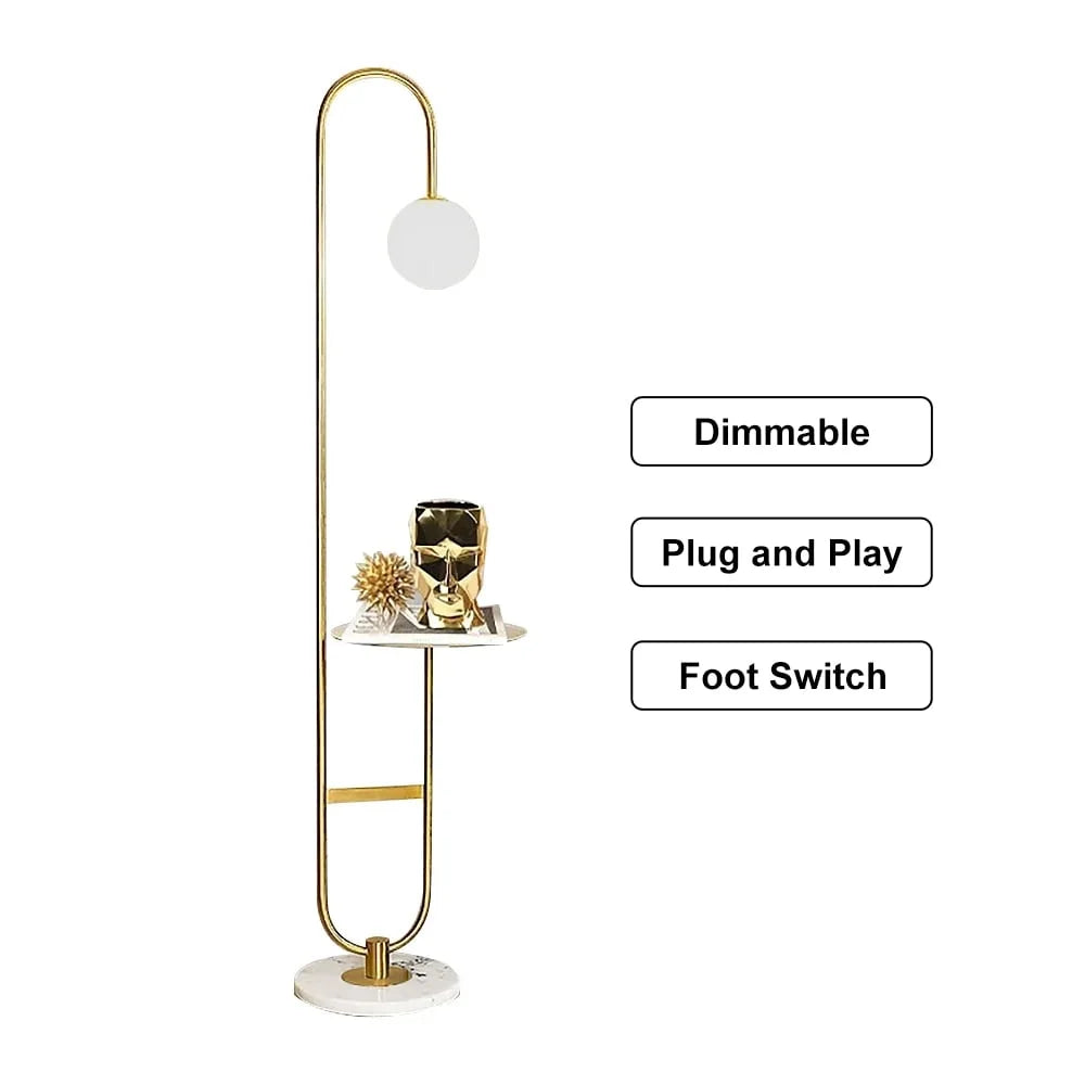 60" Modern Arc Floor Lamp with Shelf Gold Glass Shade Marble Base P7576