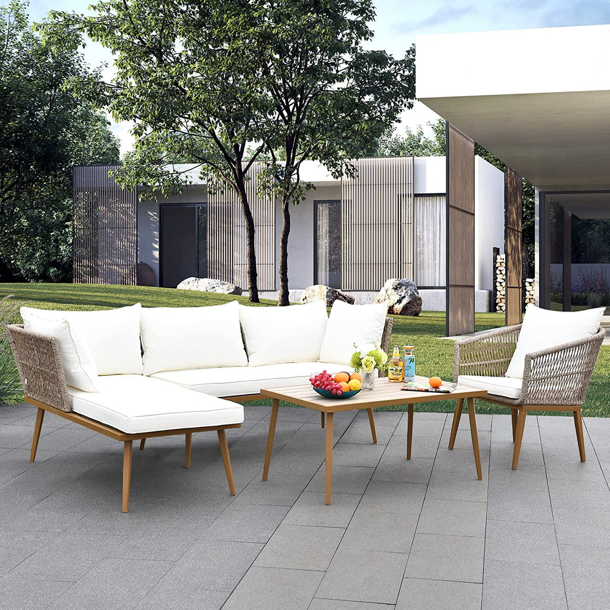 3 Pieces Rattan Woven L-Shaped Sofa with Cushions and Side Table J899457