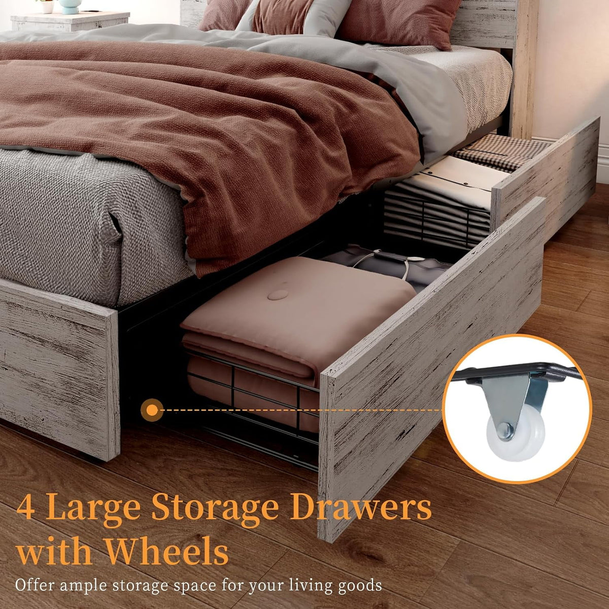 Queen Size Wood Storage Bed with 4 Drawers D463254