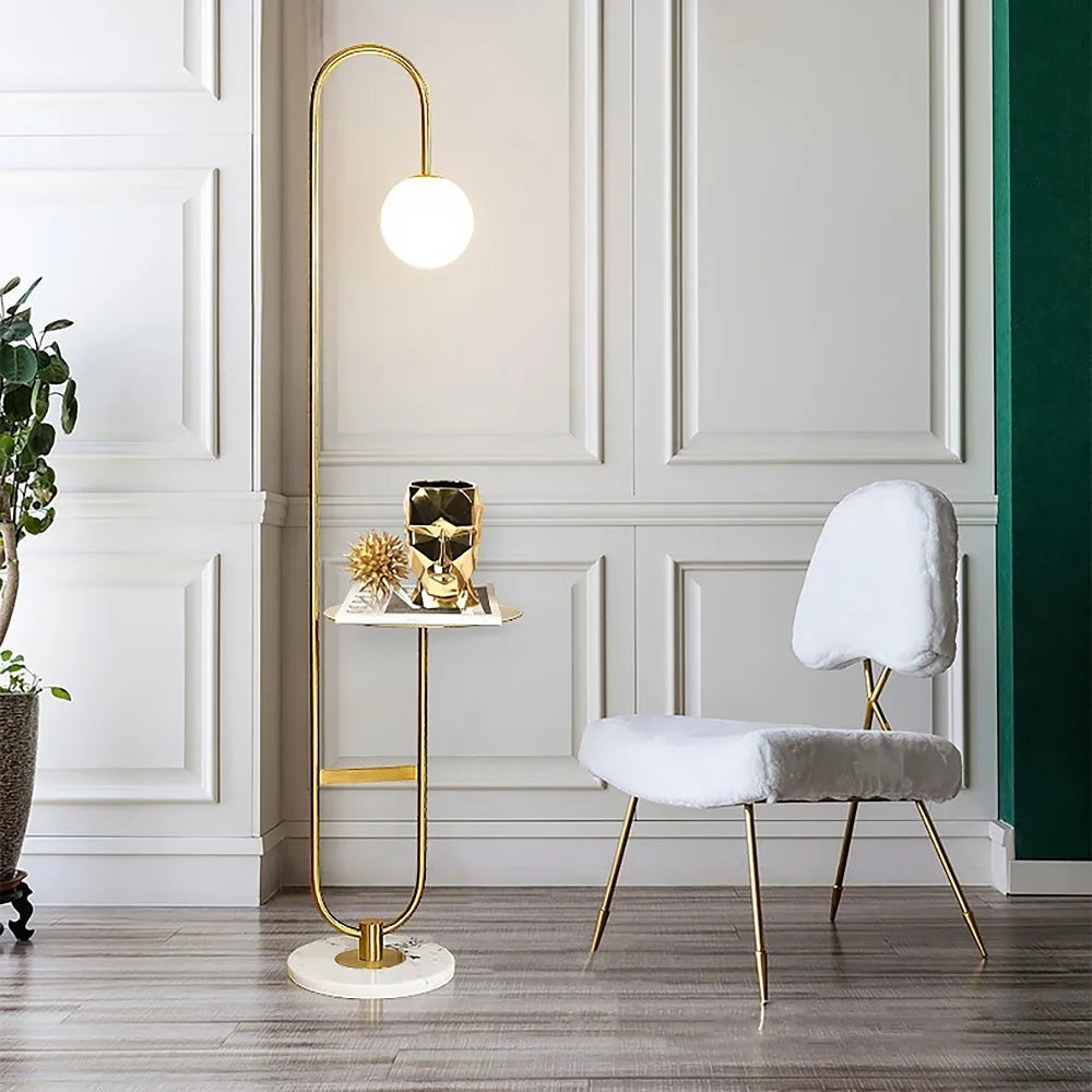 60" Modern Arc Floor Lamp with Shelf Gold Glass Shade Marble Base P7576