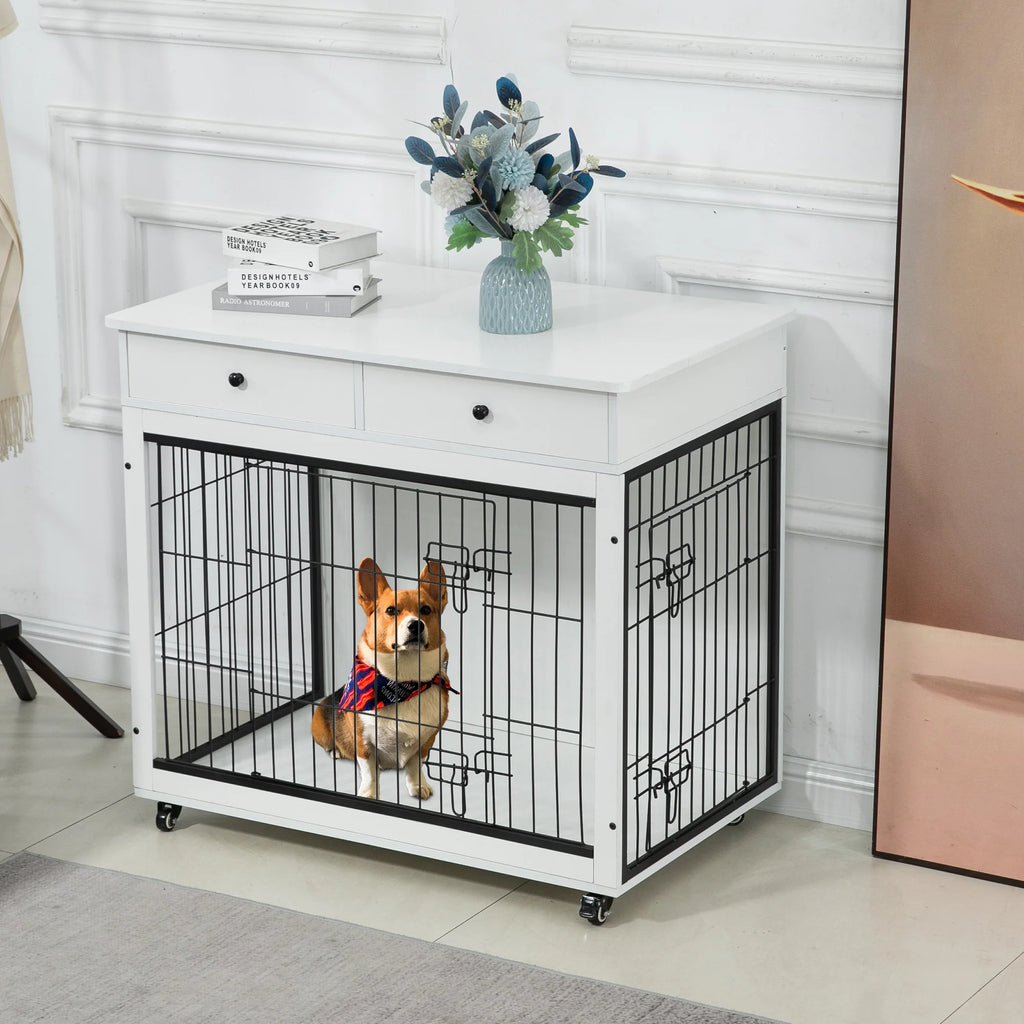 White Wooden Dog Crate Furniture with Drawer H159
