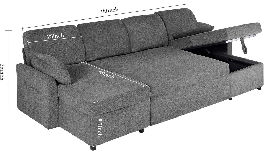 Gray Chenille Sleeper Sofa with Storage Chaise D2876