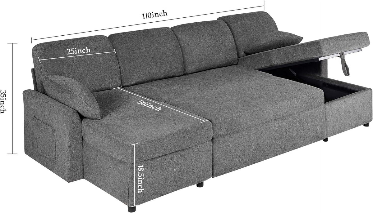 Gray Chenille Sleeper Sofa with Storage Chaise D2876