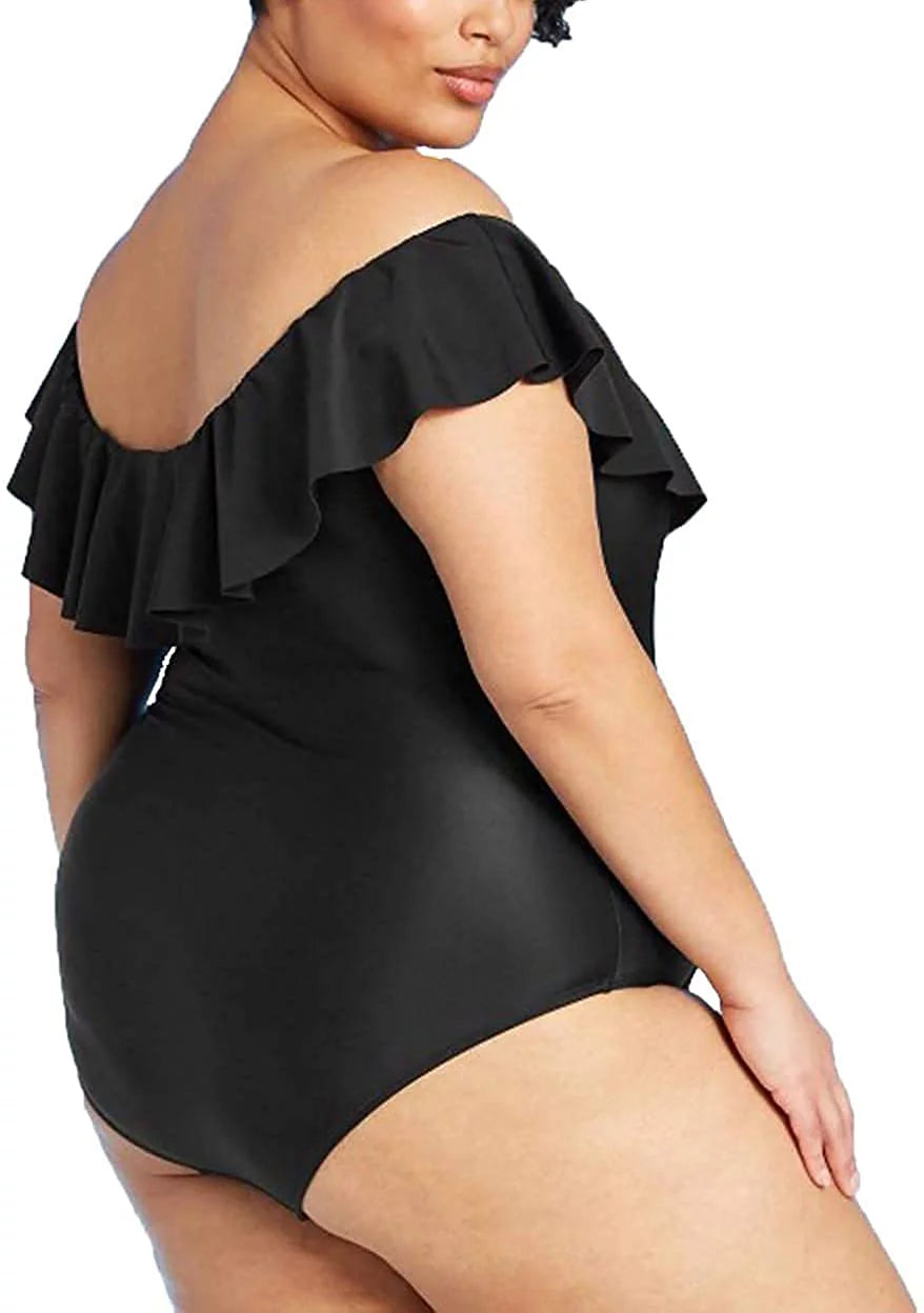 Plus Size Off The Shoulder Ruffled One Piece Swimsuit A148