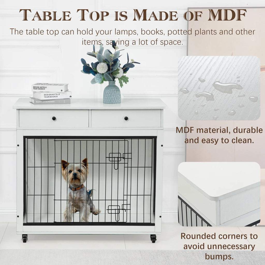 White Wooden Dog Crate Furniture with Drawer H159