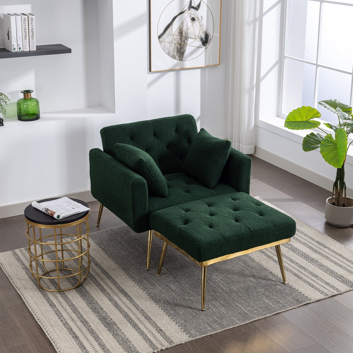 Green Tufted Accent Chair with Ottoman N6902