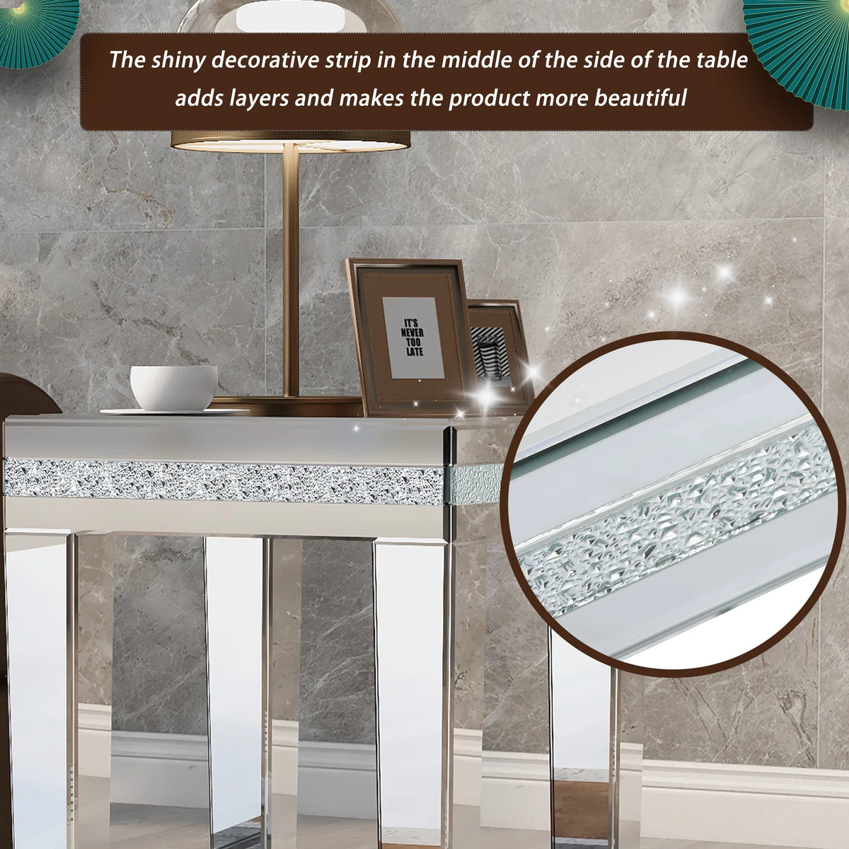 Modern Glass Mirrored Side Table with Crystal Design and Adjustable Height Legs G704