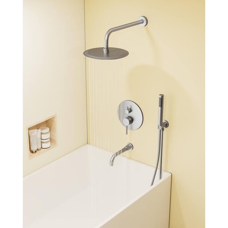 10 in. 3-Spray Wall Mount Shower Head and Tub Faucet 2.5 GPM Brushed Nickel P10610