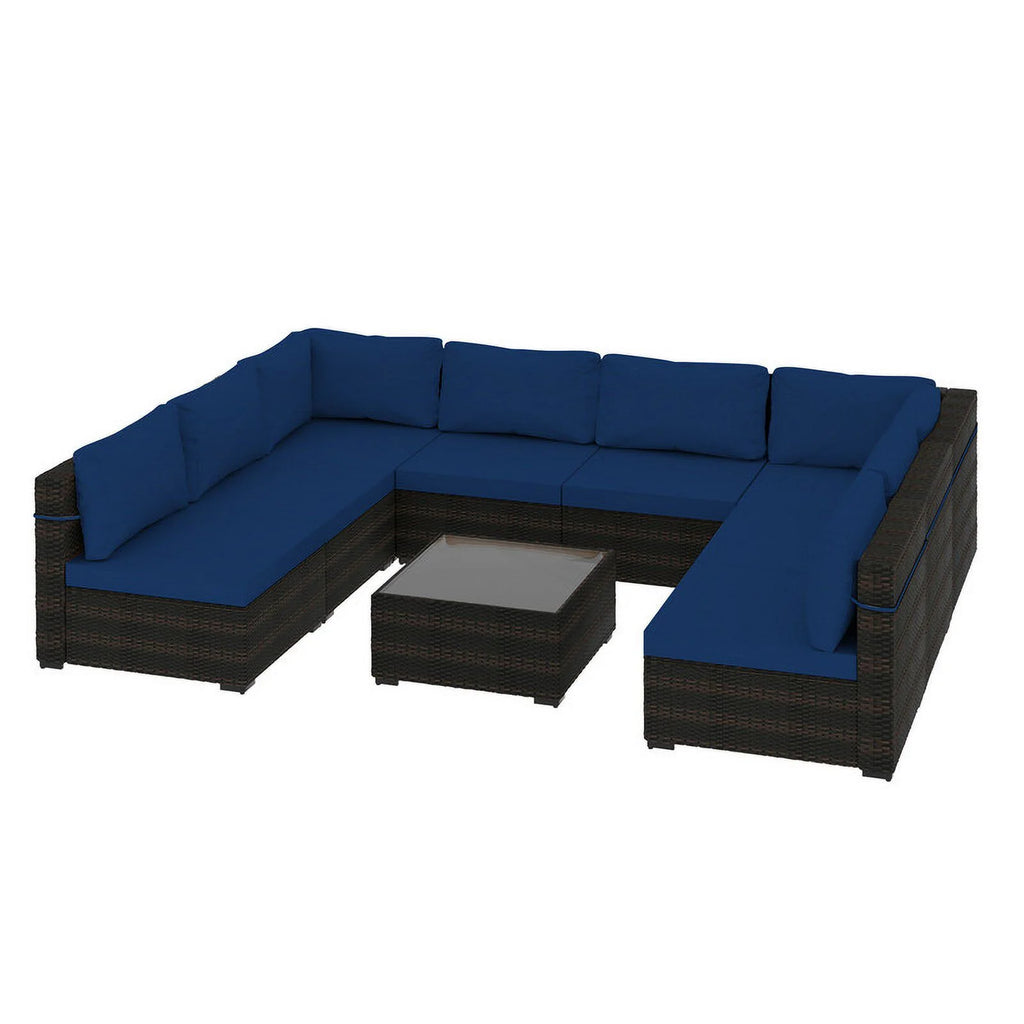 9 Piece PE Rattan Patio Furniture Set with Cushion and Glass Table B4592