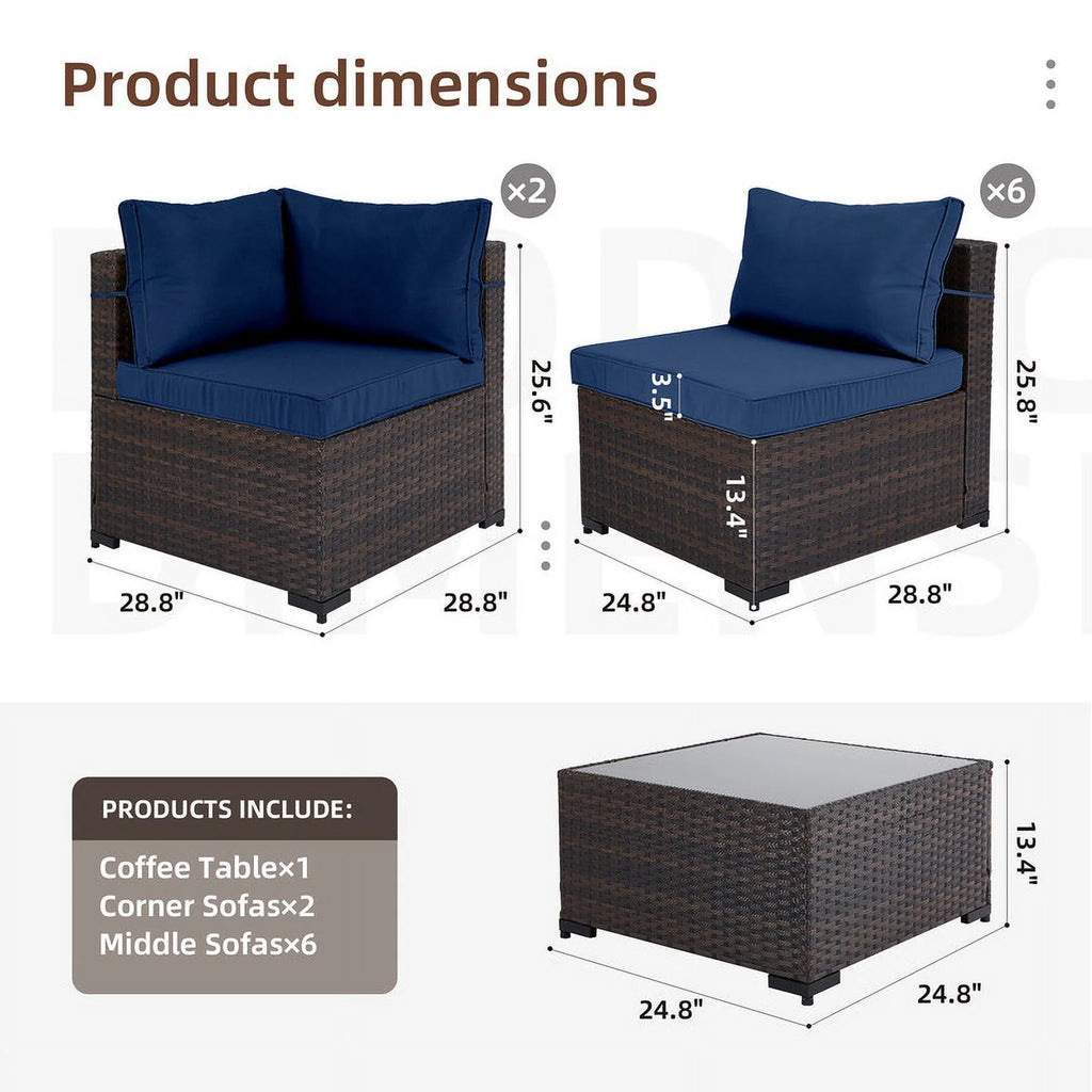 9 Piece PE Rattan Patio Furniture Set with Cushion and Glass Table B4592
