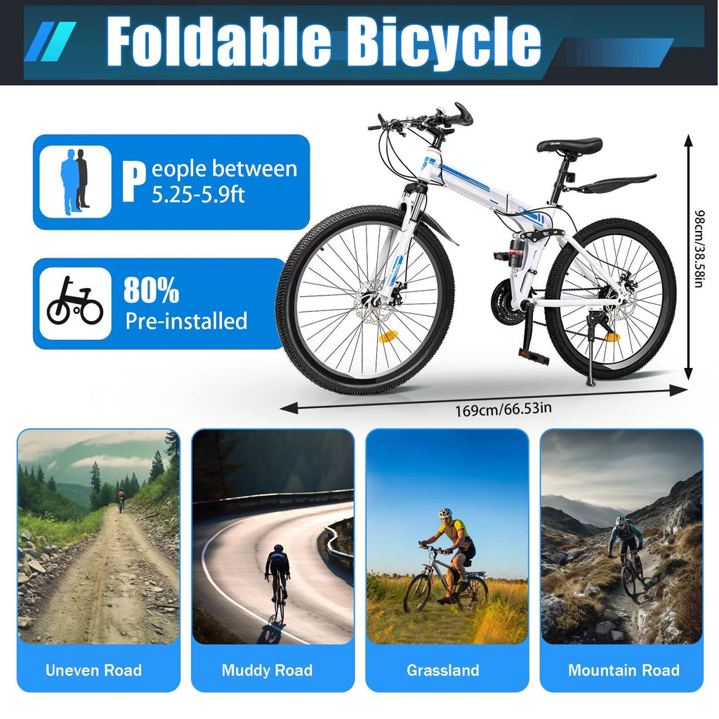 26 Mountain Folding Bike 21-Speed High-Carbon Steel Bicycle with Dual Disc-Brake K7754