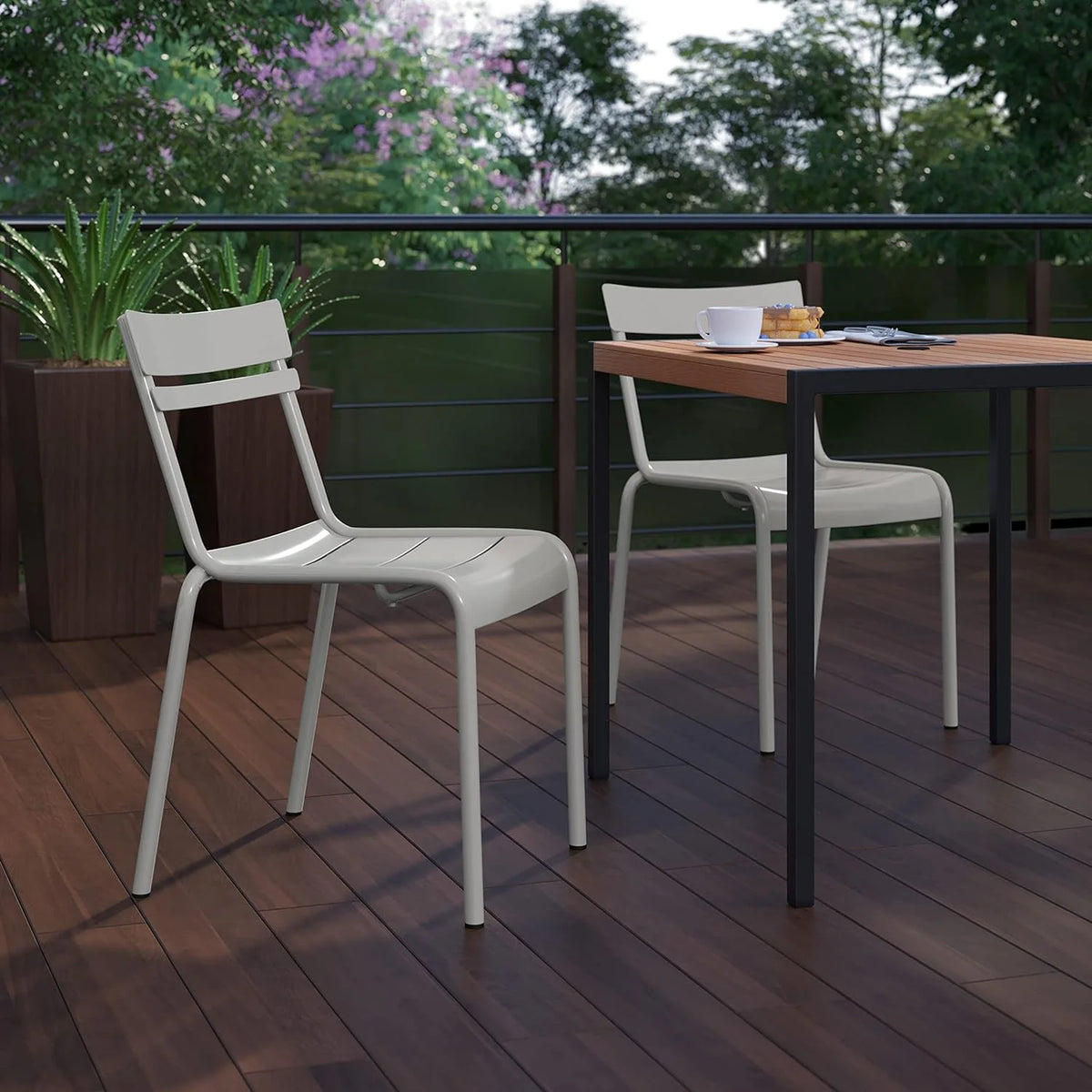 Steel Stack Chair, Indoor-Outdoor Armless Chair With 2 Slat Back In Silver, Set Of 2 G91418