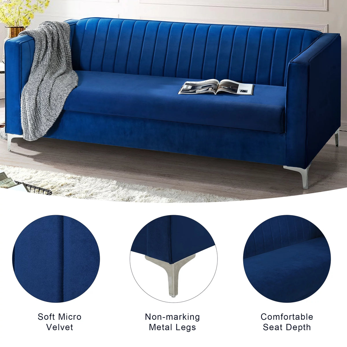 Blue Velvet Loveseat Sofa with Metal Legs G259