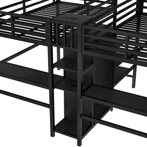 Twin Size Black Metal Loft Bed with Desk and Storage K284