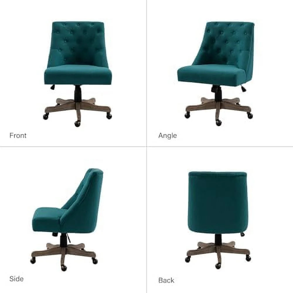 Blue Tufted Upholstered Desk Chair with Wood Base T4913