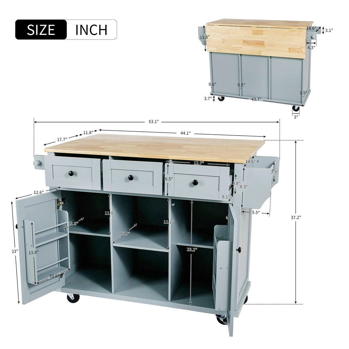 Kitchen Island Cart with Drop Leaf Storage Cabinet and 3 Drawers N1983