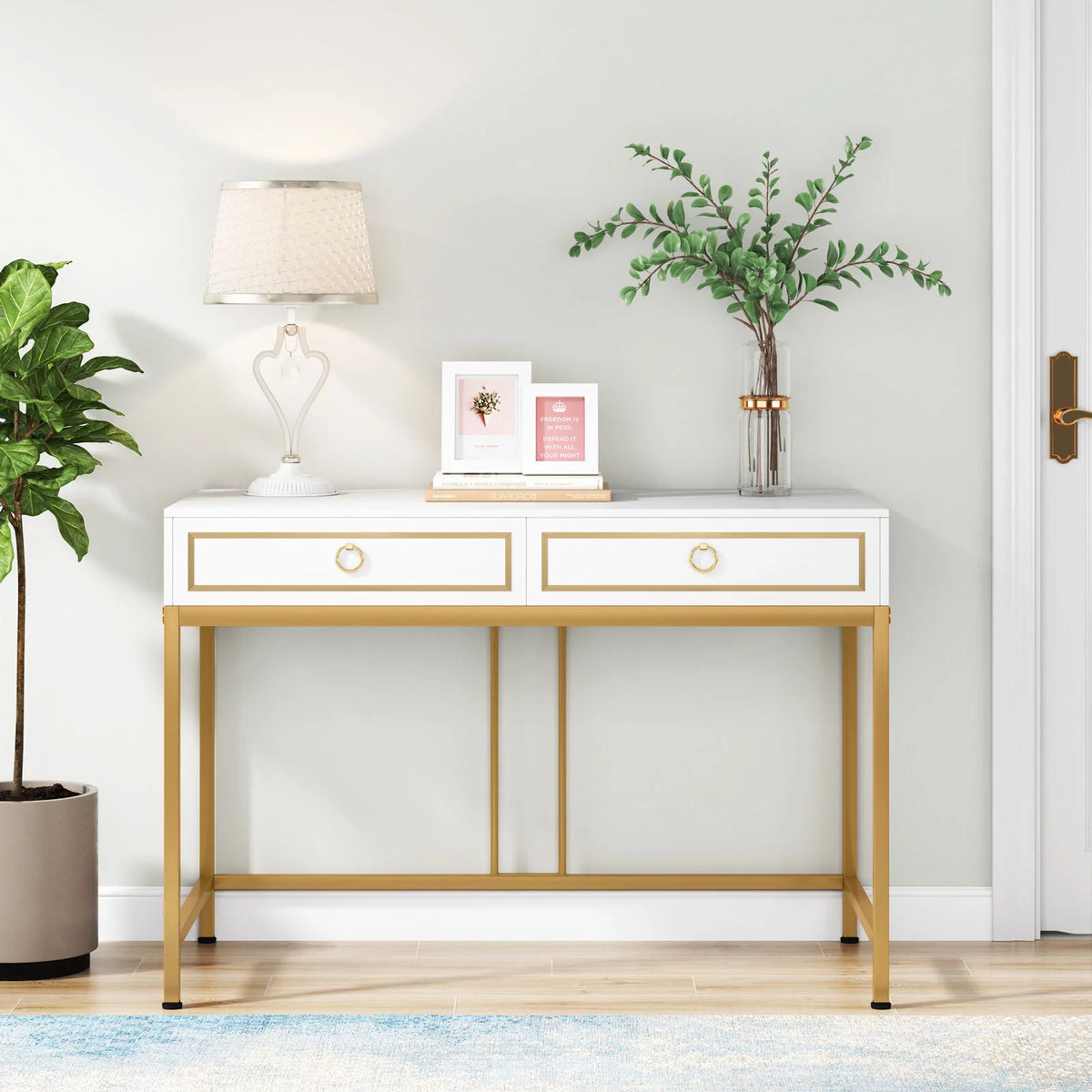 43” White and Gold Computer Desk with 2 Drawers Q3473