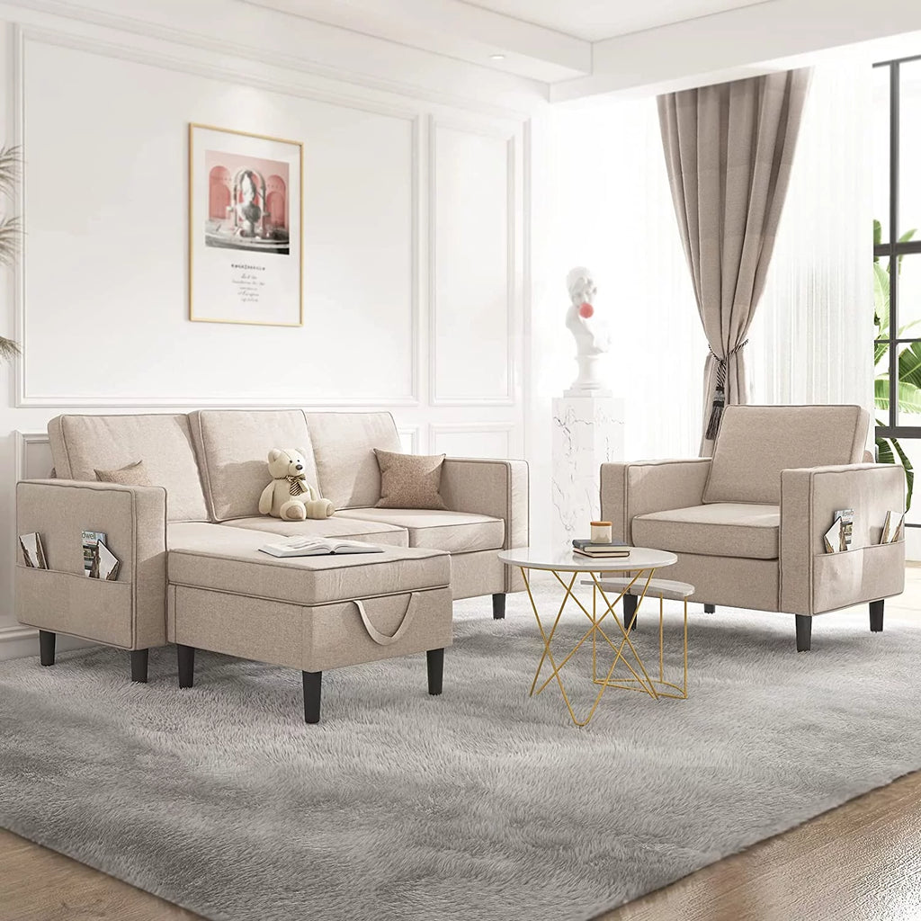 Beige 3 Pcs Convertible Sectional Sofa with Storage Ottoman W775538